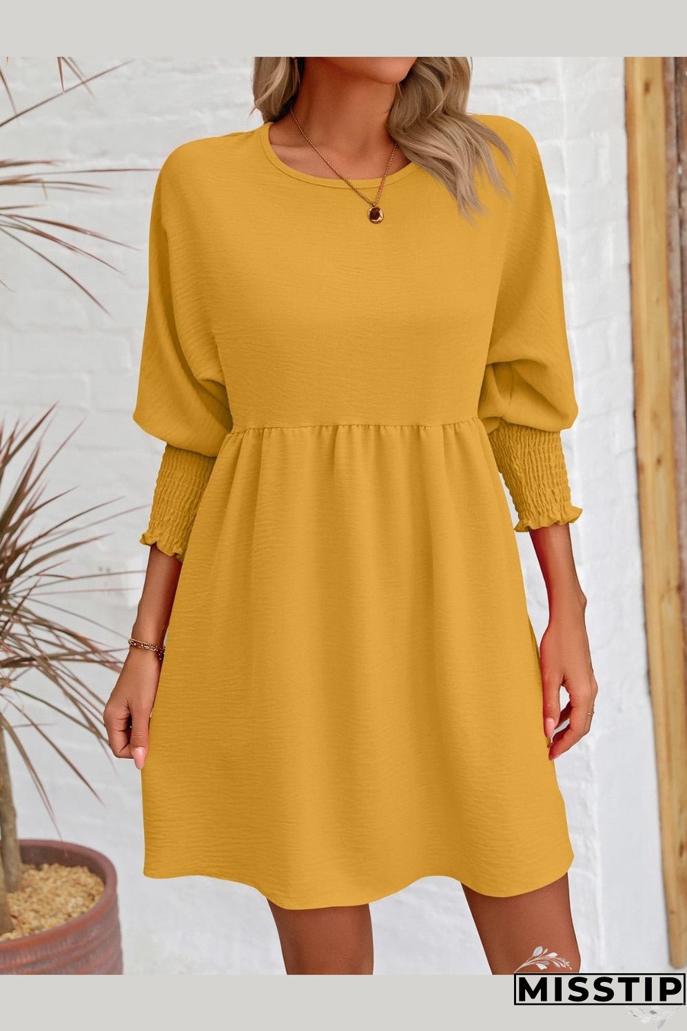 Round Neck Lantern Sleeve Mini Dress