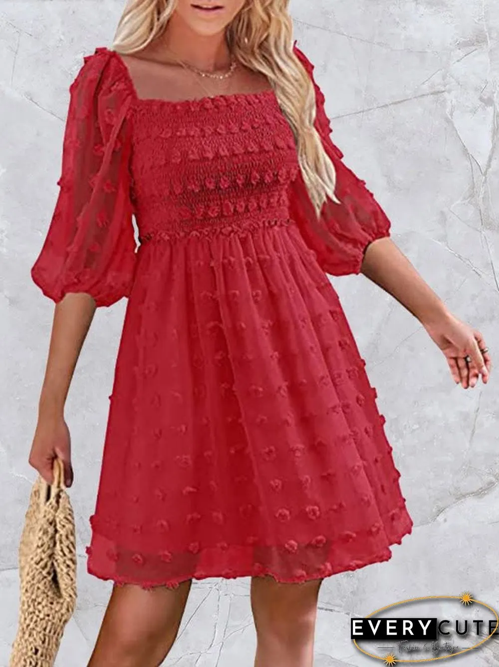 Women'S Dresses Jacquard Polka Dot Square Neck Mid Sleeve Dress