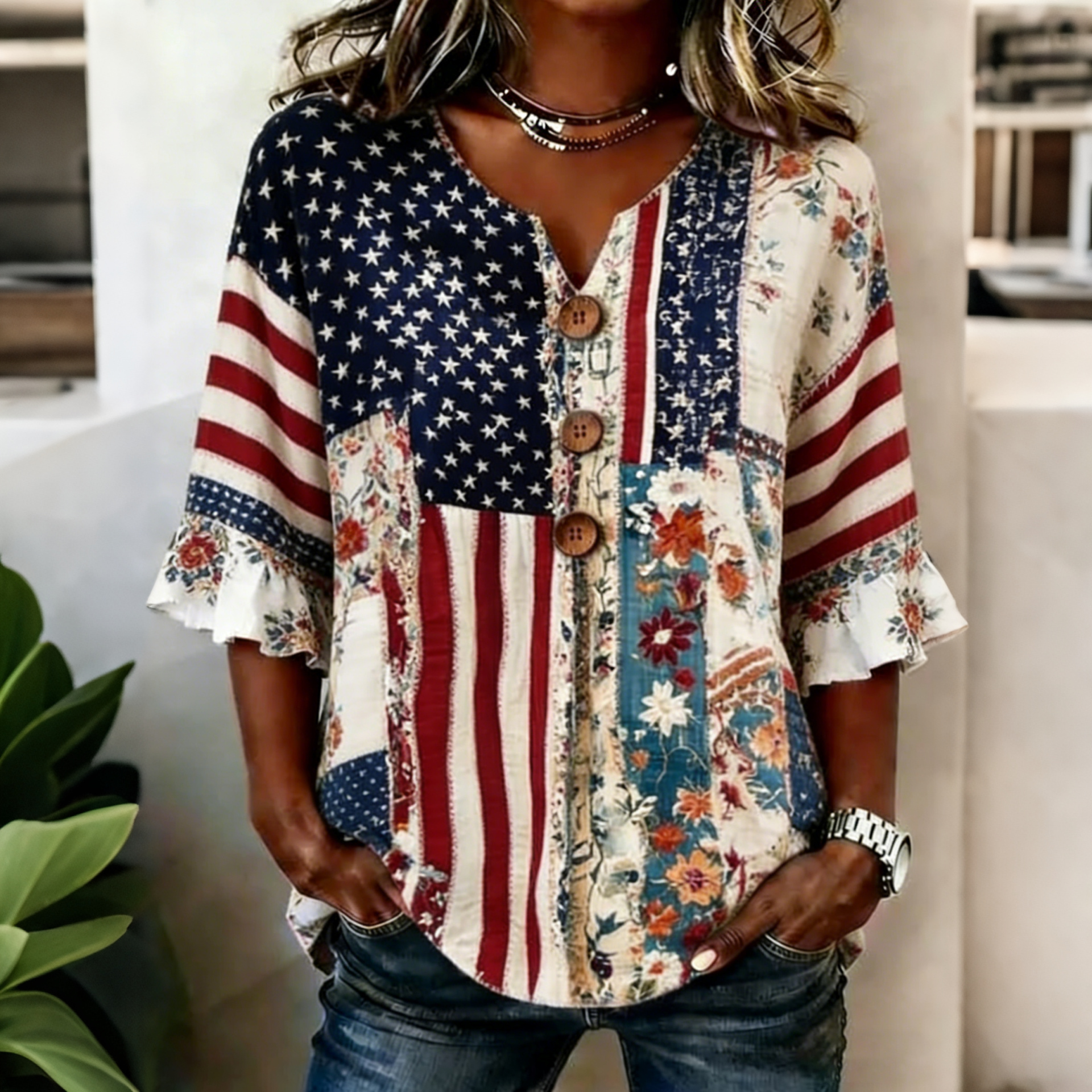 Comstylish Women's Vintage Floral Flag Patchwork Art Print Tops