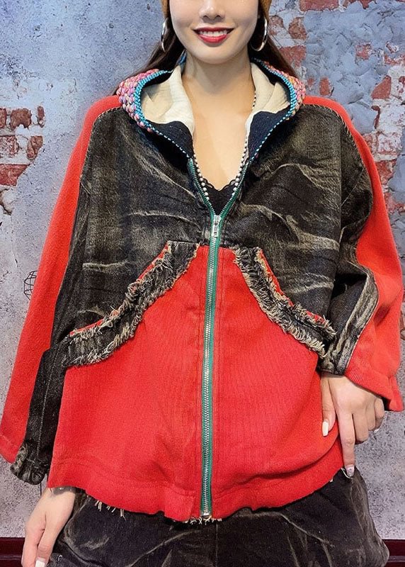 Loose Red hooded Zippered Fall Denim Coat Long sleeve CK2416- Fabulory