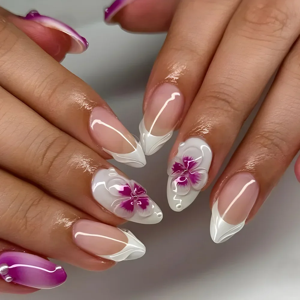 Qinice 24Pcs Sweet Short Almond French False Nails with Glue 3D Wave Nail Pattern Floral Pink Blush Press on Acrylic Nail Manicure Tips