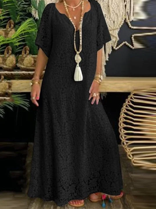 Women plus size clothing Women's Short Sleeve V-neck Solid Color Lace Maxi Dress-Nordswear