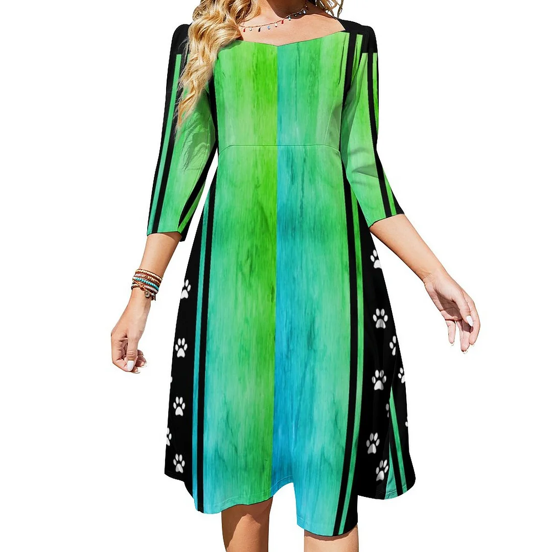 Green With Black And White Paw Print Side Stripe Dress Sweetheart Tie Back Flared 3/4 Sleeve Midi Dresses