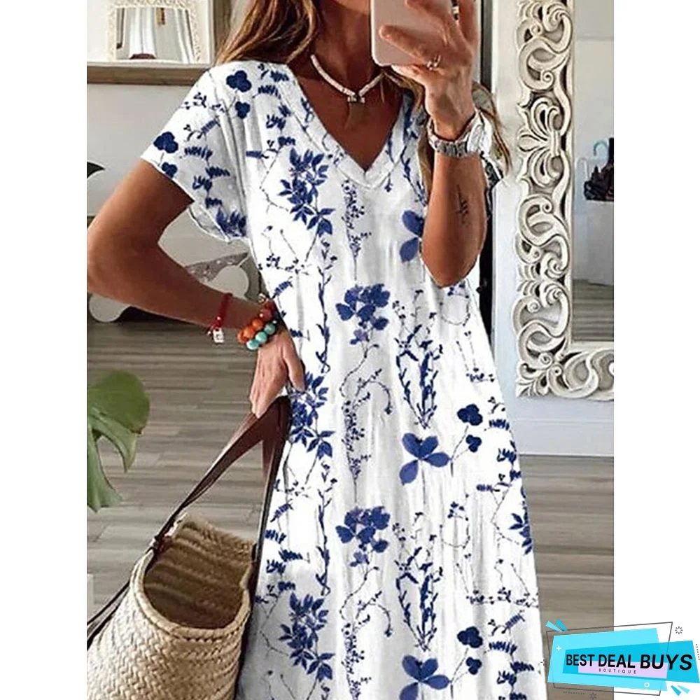 Women's Long Dress Maxi Dress Casual Dress A Line Dress Print Dress Flower Fashion Streetwear Daily Date Vacation Split Print Short Sleeve V Neck Dress Regular Fit Blue Spring Summer S M L XL XXL