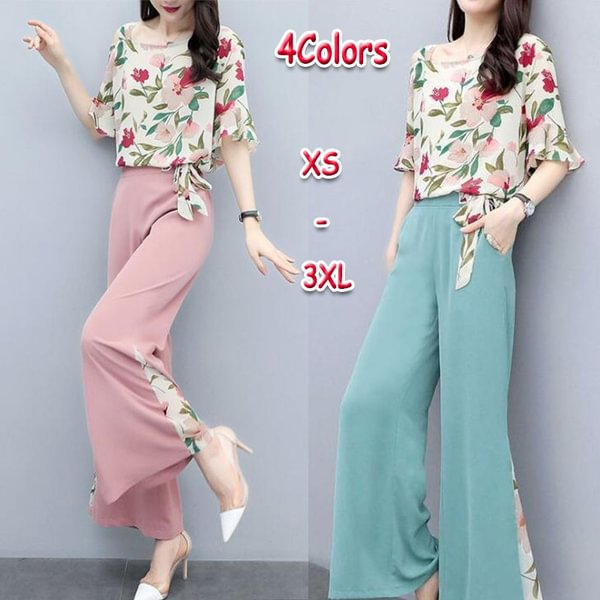 New 2 Piece Set Outfits For Women Floral Print Shirts And Pants Suits Summer Autumn Office Woman Elegant Set Clothing - Shop Trendy Women's Fashion | TeeYours