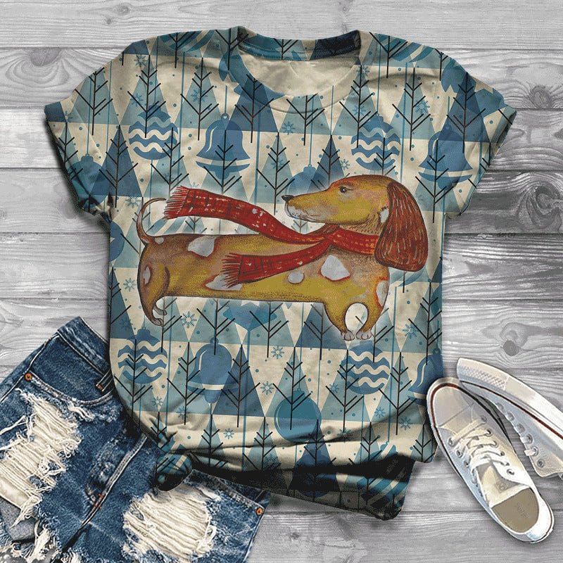 Cute Dog Christmas Print Casual Trend T-Shirt