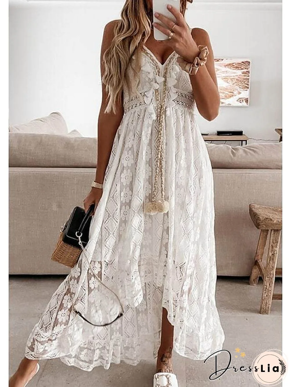 Women's Swing Dress Maxi Long Dress White Beige Sleeveless Solid Color Embroidered Lace Spring Summer V Neck Casual Boho Beach Lace S M L XL XXL