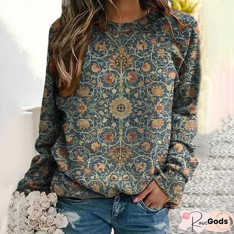 Women Black Printed Casual Long Sleeve Round Neck Blouse