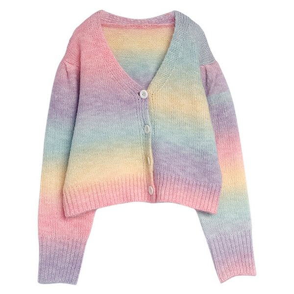 Women Long Sleeve Rainbow Knitted Sweater Sexy V-neck Loose Pullover Jumper Cardigan Female Spring Autumn Tops CYT - Shop Trendy Women's Fashion | TeeYours
