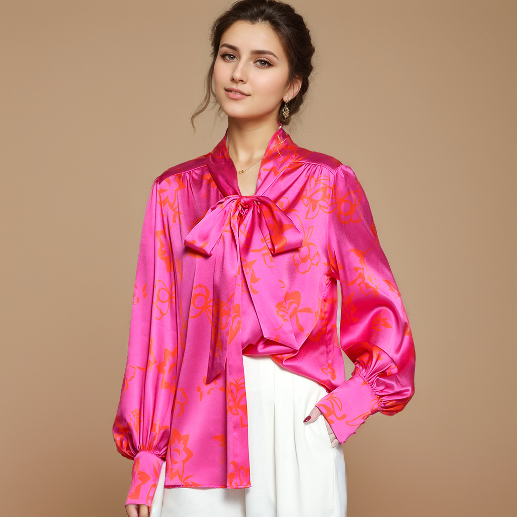 Silk Ribbon Blouse Long Sleeves Pink REAL SILK LIFE