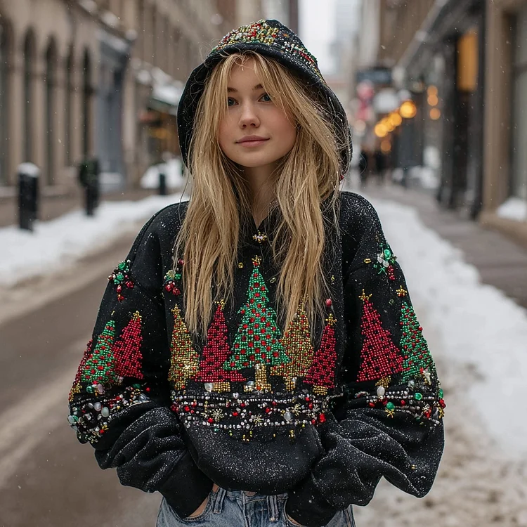 Women's Retro Christmas Tree Pattern Casual Hoodie