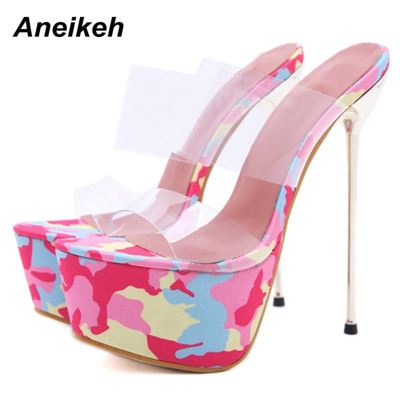 Aneikeh Shoes For Women 2021 Sweet Elegant Mixed Colors Platform NEW Summer Head Peep Toe Totem High Heels Wedding Slippers Pink