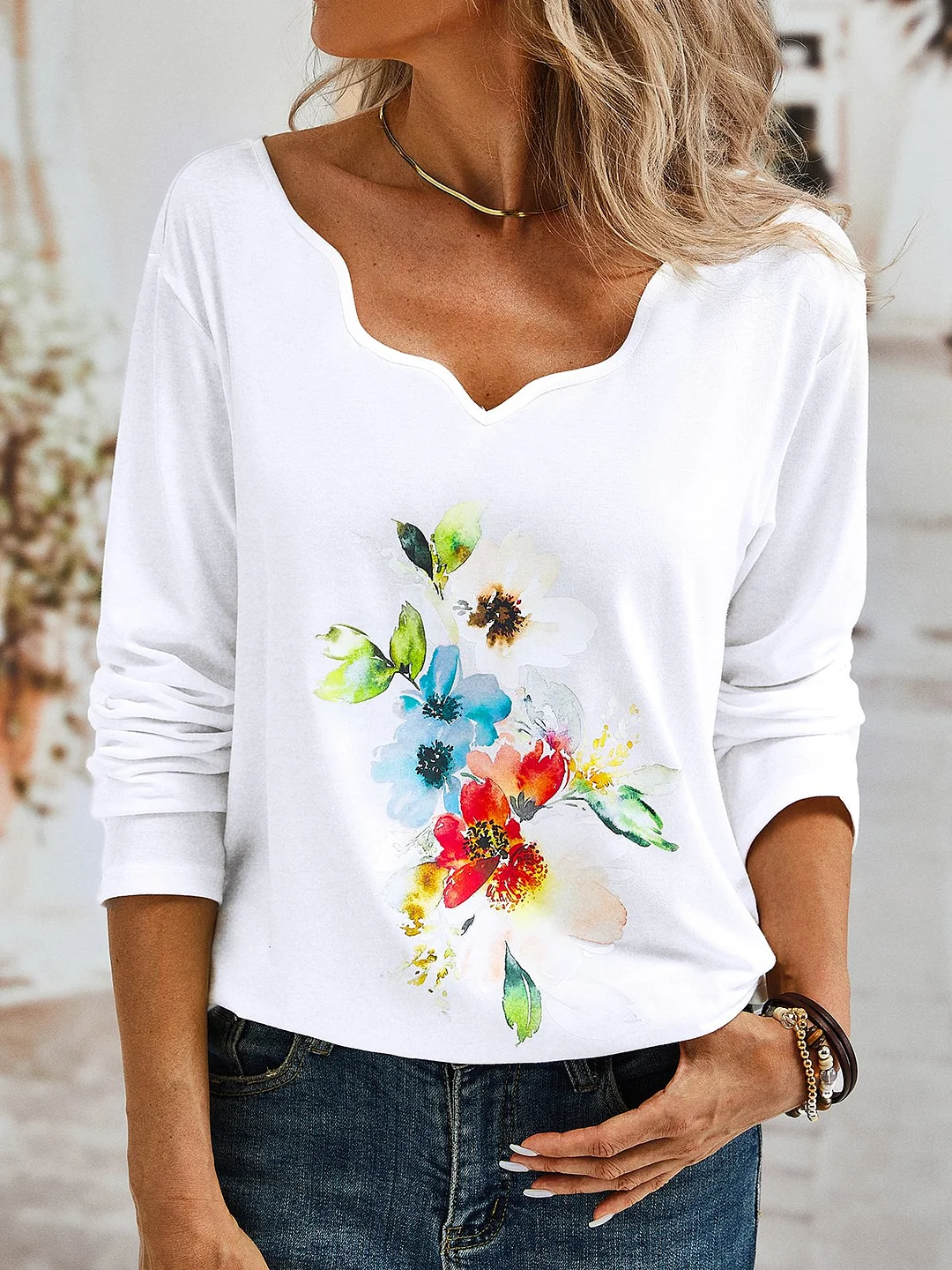 Casual Floral Long Sleeve V Neck Printed Top T-shirt