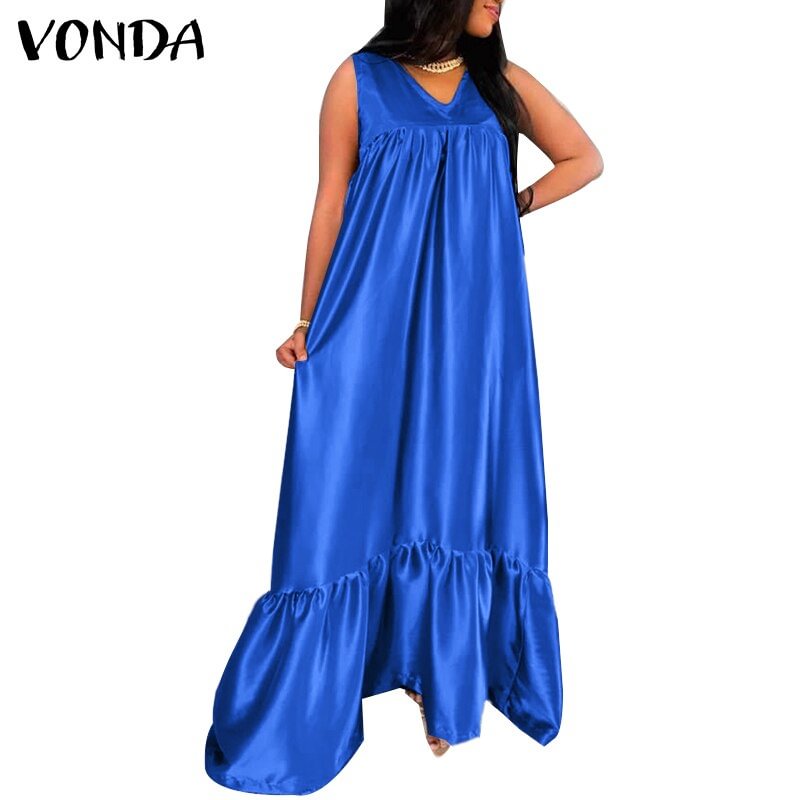 VONDA 2022 Summer Sleeveless V Neck Pleated Dress Women Holiday Party Tank Dresses Femme Bohemian Party Vestidos Oversized