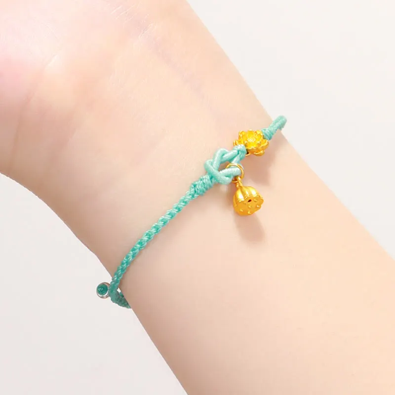 Handmade 999 Gold Lotus Flower Pod New Beginning Braid String Bracelet