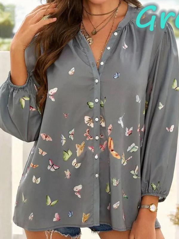 Women Casual Long Sleeve Shirt Collar Floral Printed Tops