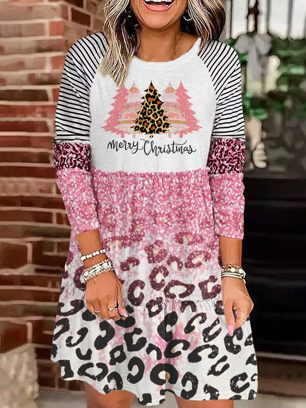 Women's Pink Christmas Print Long Sleeve Dress