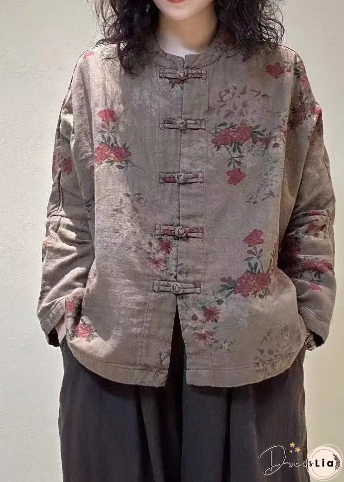 Vintage Mulberry Stand Collar Print Chinese Button Linen Blouses Spring