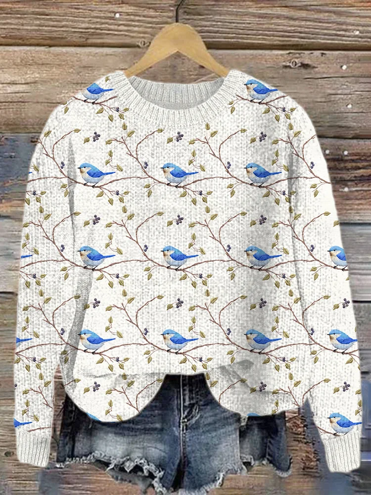 VChics Blue Bird Embroidery Art Cozy Knit Sweater