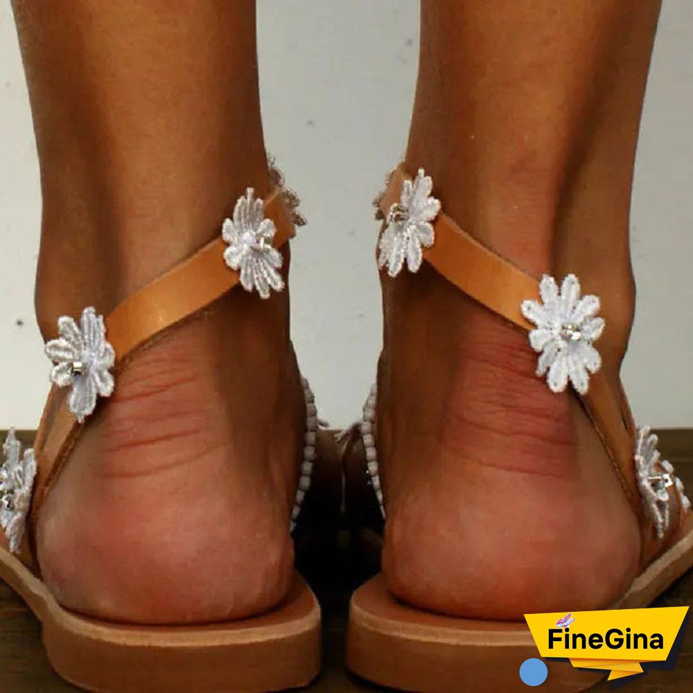Womens Flowers Flat Boho Handmade Pearl Beach Sandals