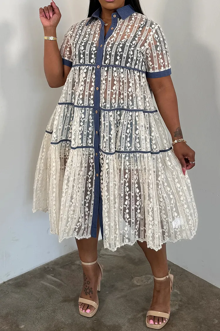 Plus Size Party Casual Lace White Shirt Collar Short Sleeve Contrast Button Tencel Denim Midi Dresses [Pre-Order] 2024 - Xpluswear