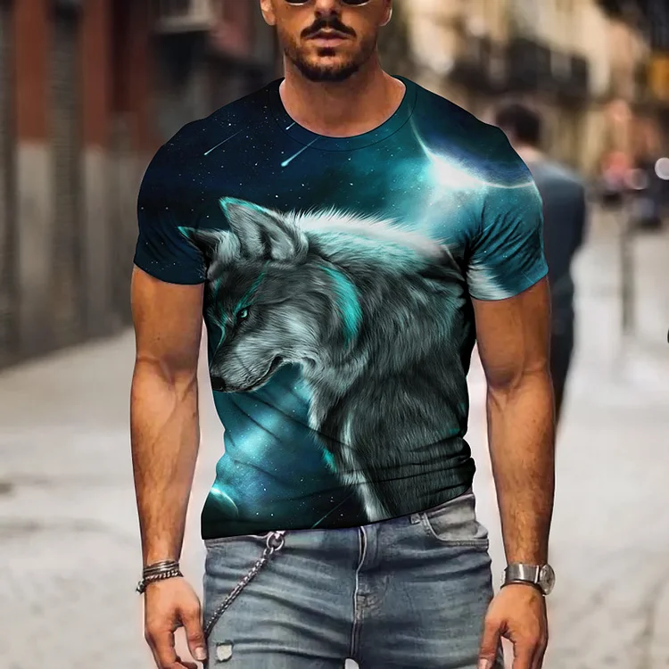 Wolf Print 3D Summer Street Crew Neck Short Sleeves Mens T-Shirts at Hiphopee