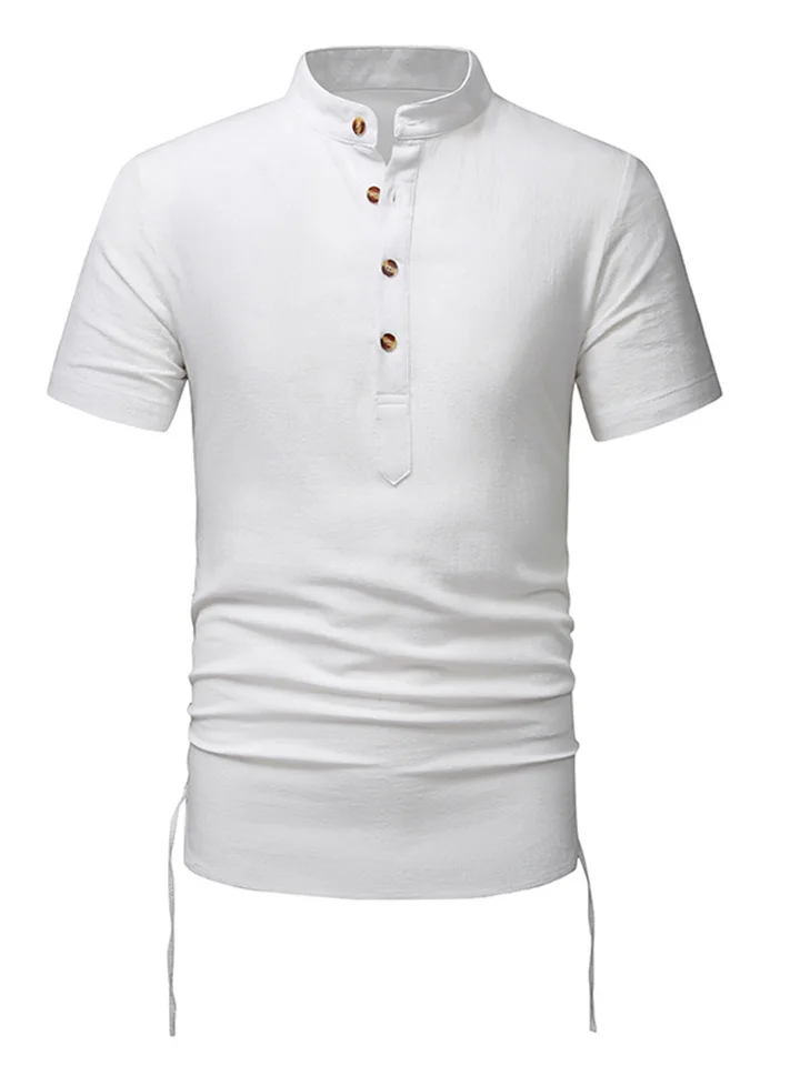 Mens Cotton Linen Henley Collar Beach Shirt Men's Casual Solid Color Shirt White Black Khaki Blue
