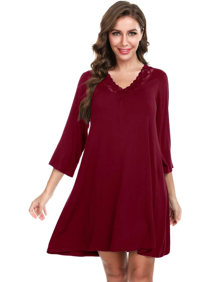 Women's V-Neck Lace Panel 5/4 Sleeve Loose Pleated Nightdress