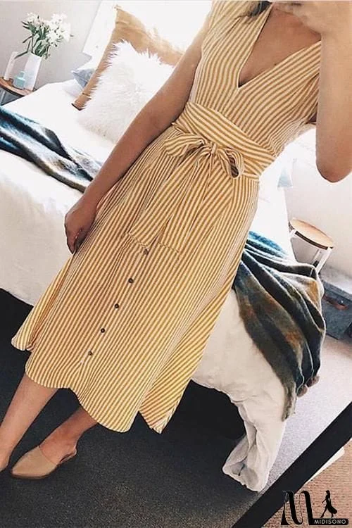 MidiSono - V Neck Tie Waist Dress