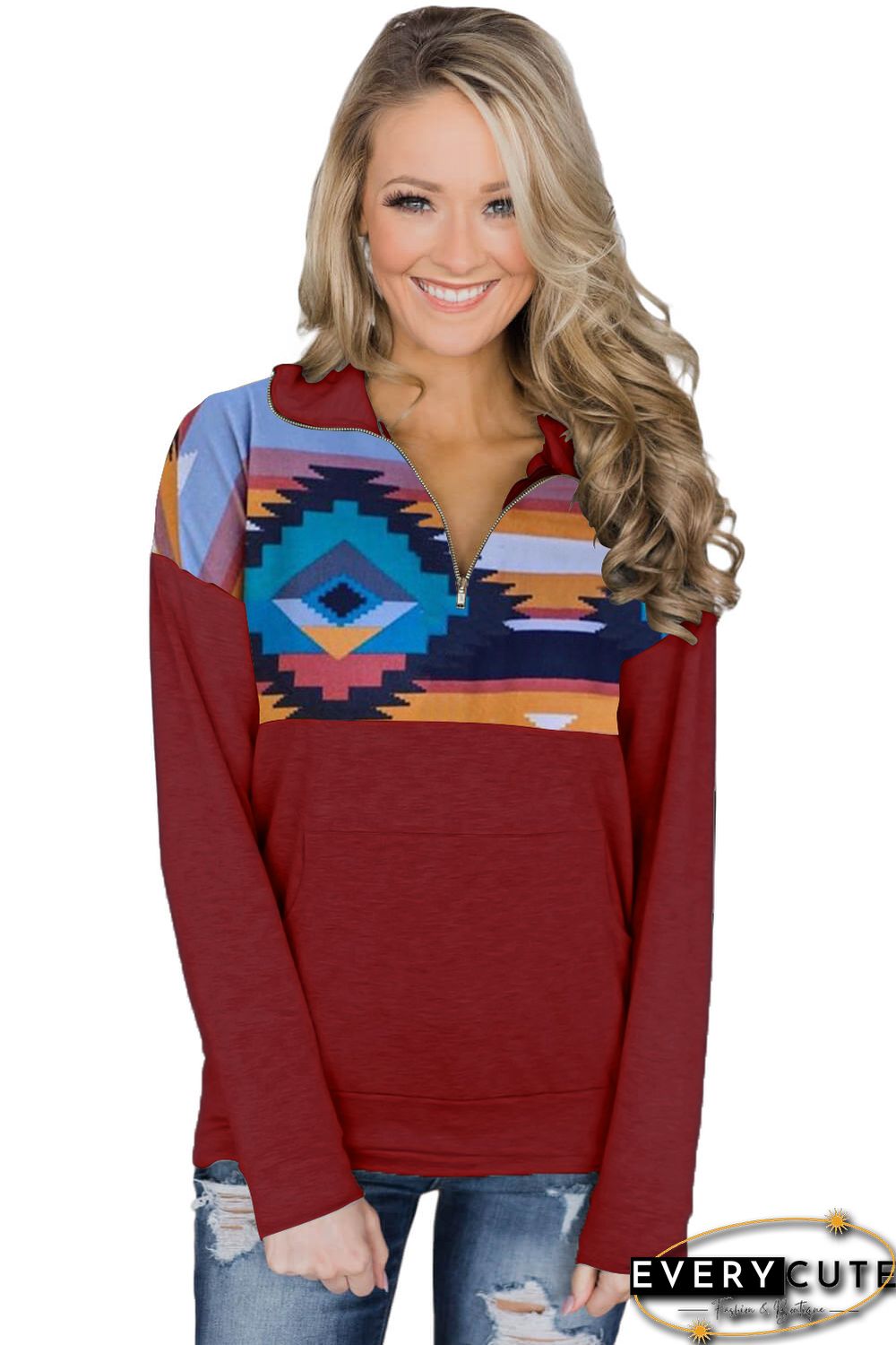 Red Turn Down Collar Zip Tribal Print Sweatshirt
