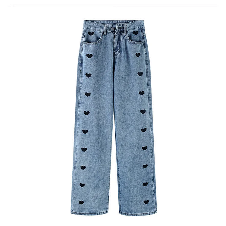 Love Heart Embroidered Jeans - Modakawa Modakawa