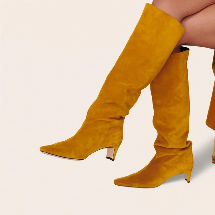 FSJ Yellow Vegan Suede Square Toe Women's Knee High Kitten Heel Boots |FSJ Shoes
