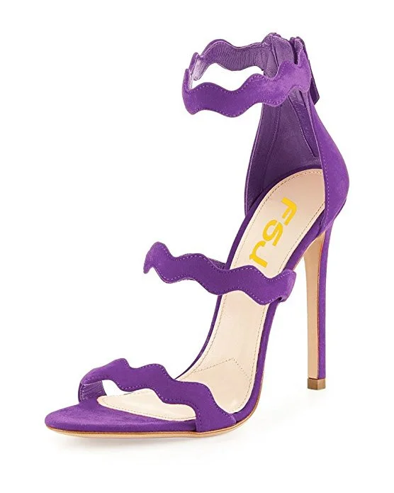 Women's Purple Stiletto Heels Dress Shoes Suede Open Toe Ankle Strap Sandals |FSJ Shoes