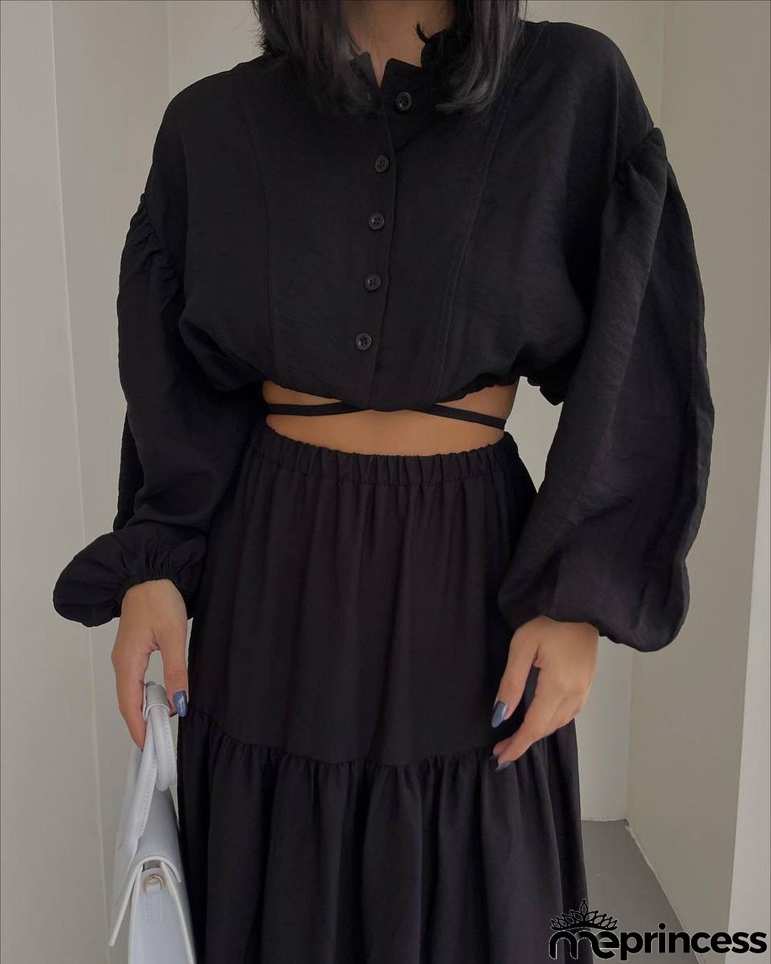 Women Fashion Solid Color Long Sleeve Crop Top Skirt Two-Piece Set