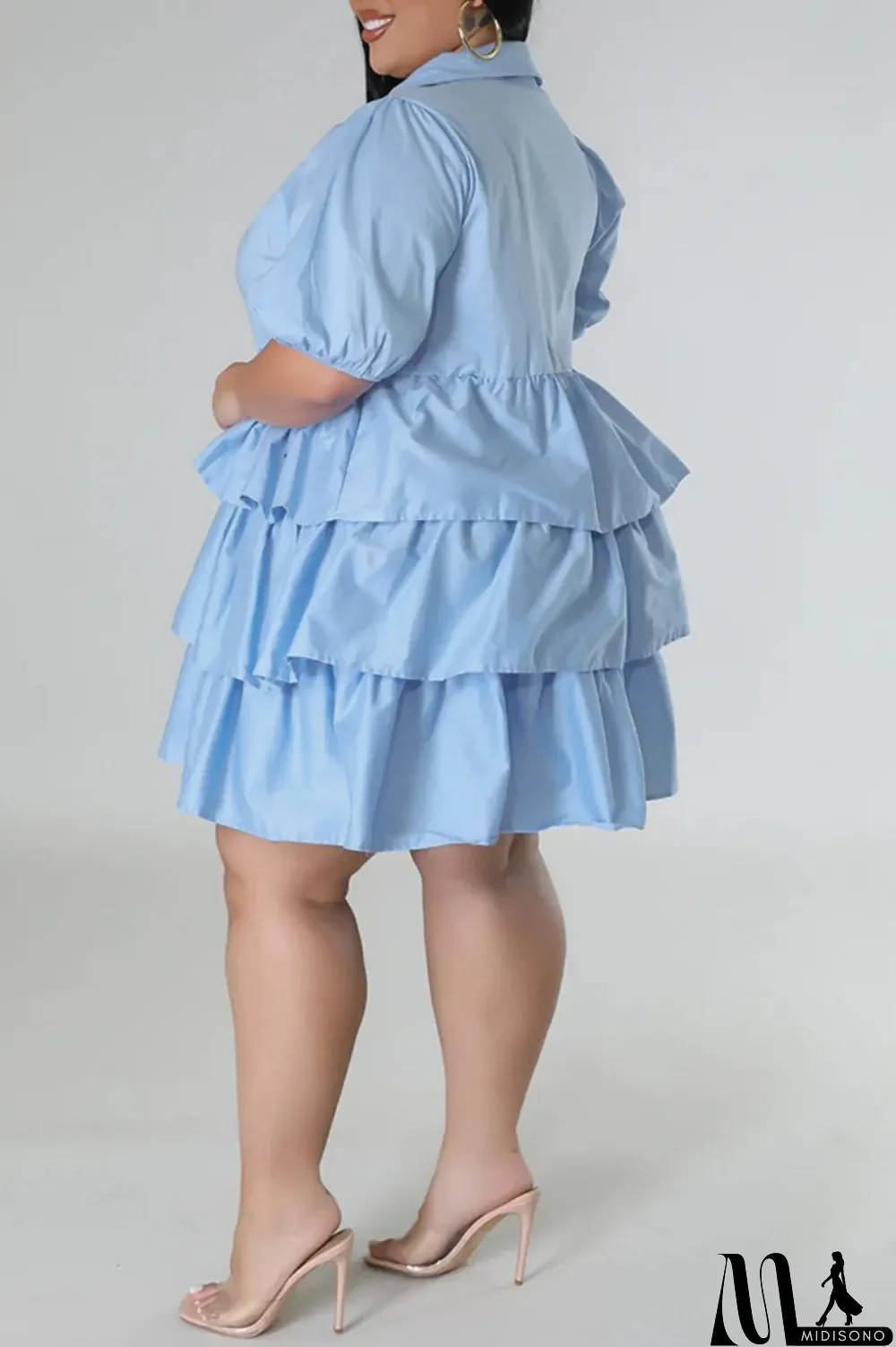 MidiSono - Light Blue Casual Solid Patchwork Turndown Collar Cake Skirt Plus Size Dresses