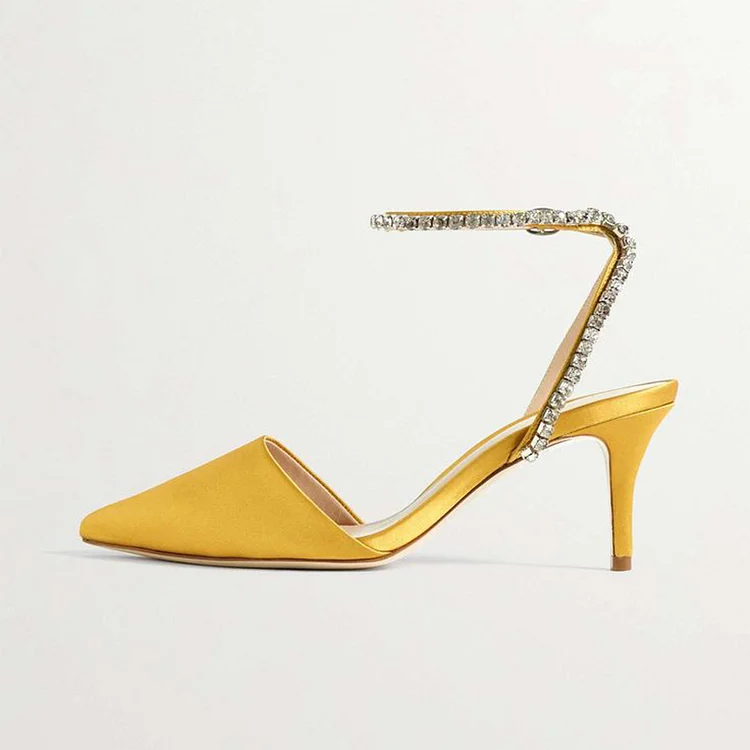Yellow Ankle Strap Rhinestone Shoes Pointy Toe Kitten Heel Satin Shoes |FSJ Shoes
