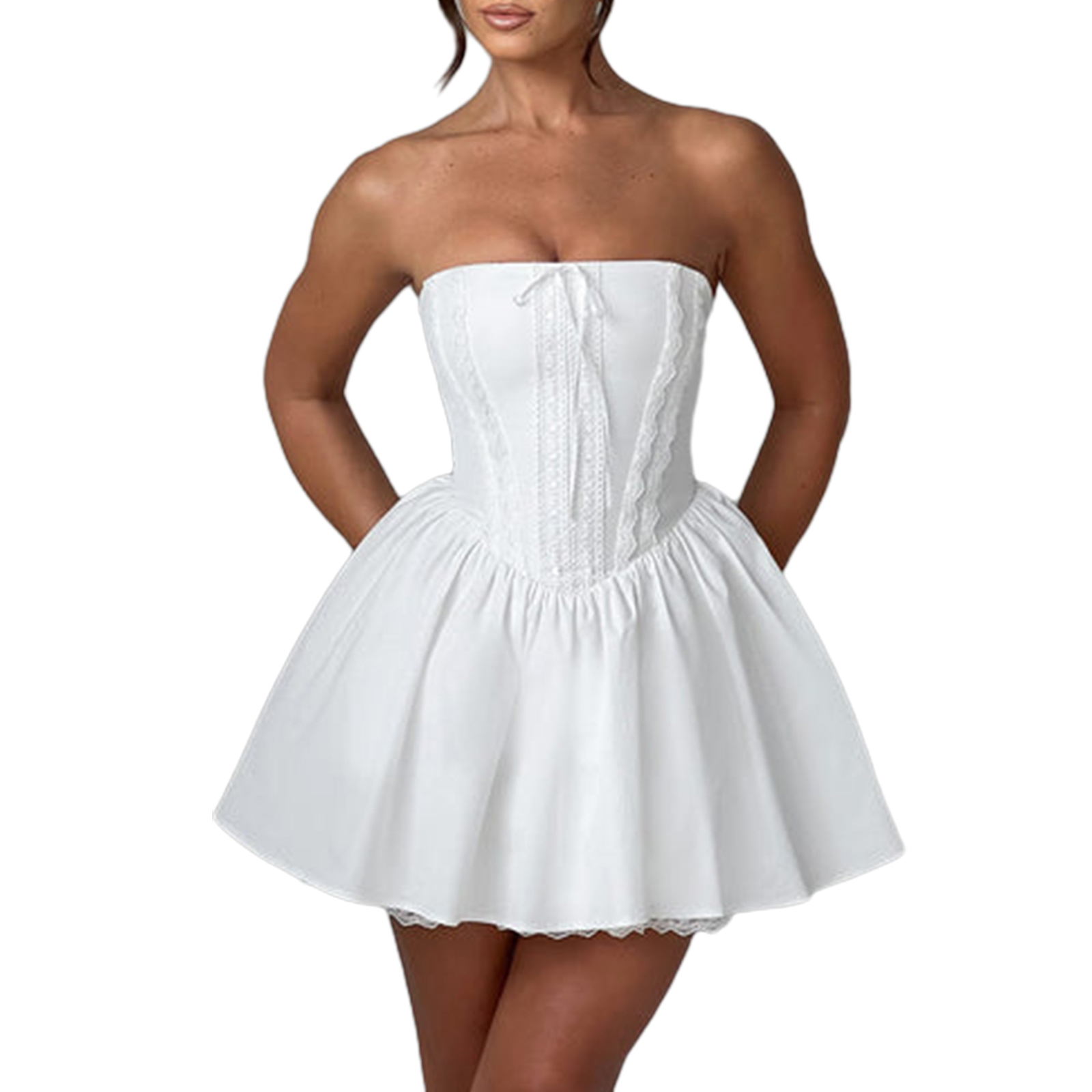 2025 New Fashion Women's Corset Mini Dress Strapless Lace Trim Solid Color Tube Top Dress Short Party Dress
