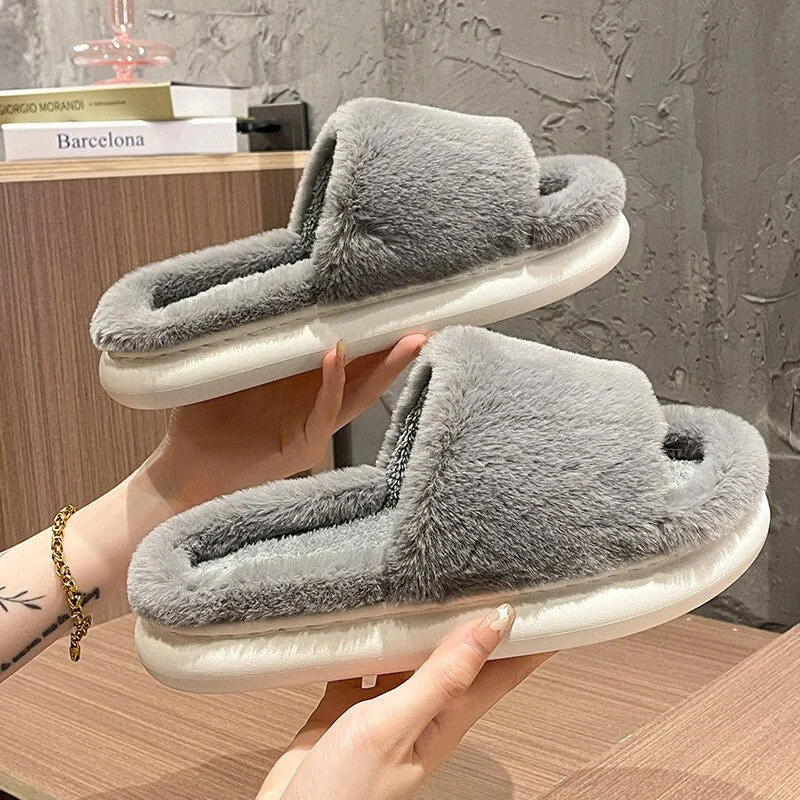 Winter Women&#39;s Slippers Thick-bottomed Fur Furry Slippers for Home Soft Platform Shoes 2022 Indoor House Warm Cotton Slippers