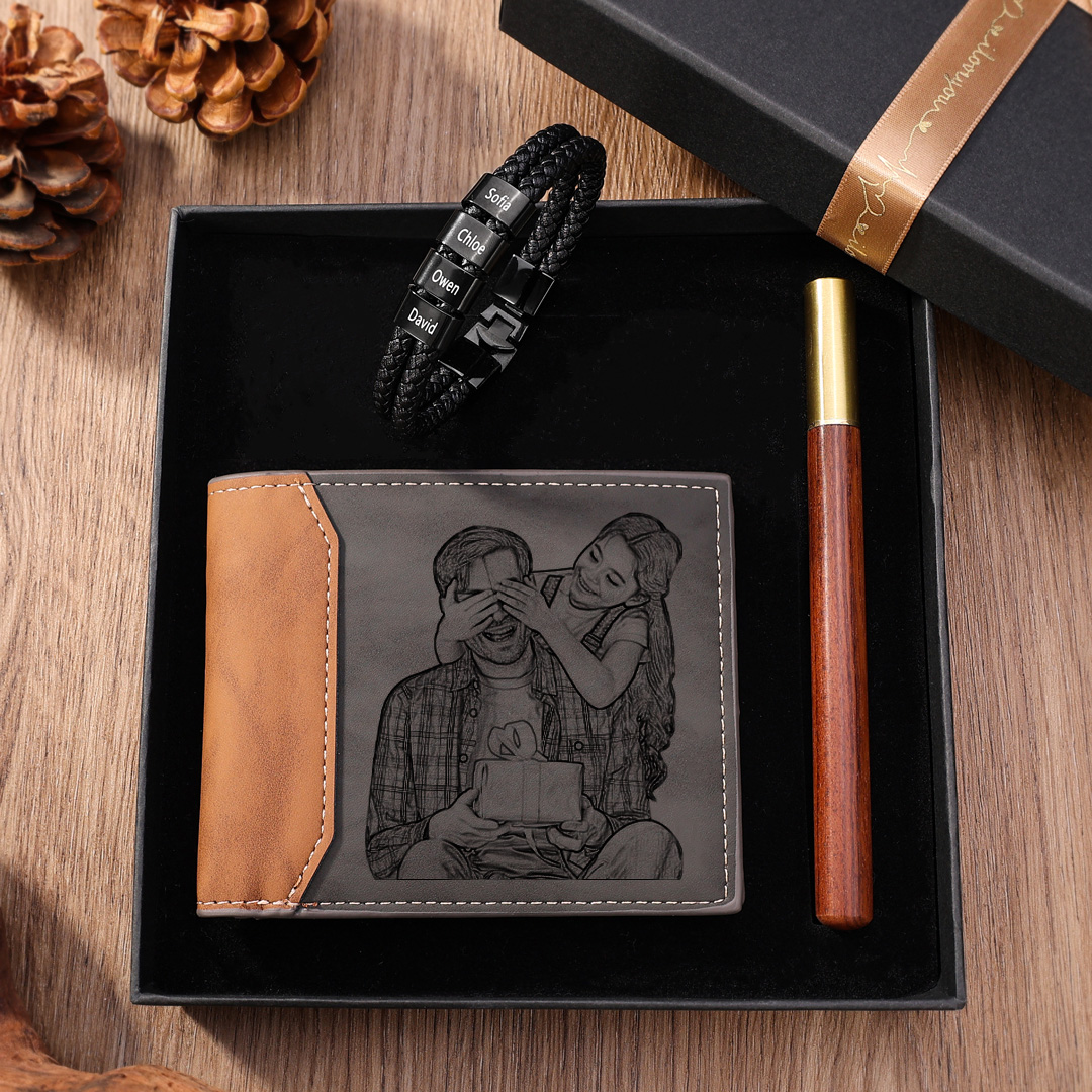 Black Personalised 1 Photo & 1 Letter & 5 Names Gift Set Custom Wallet & Bracelet & Pen Gift Box Set Father’s Day Gifts