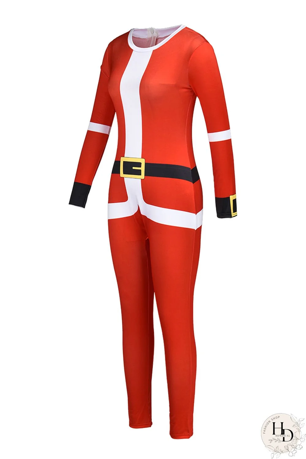 Rose Red Fashion Casual Patchwork Basic Half A Turtleneck Skinny Jumpsuits (Have Christmas Hat)