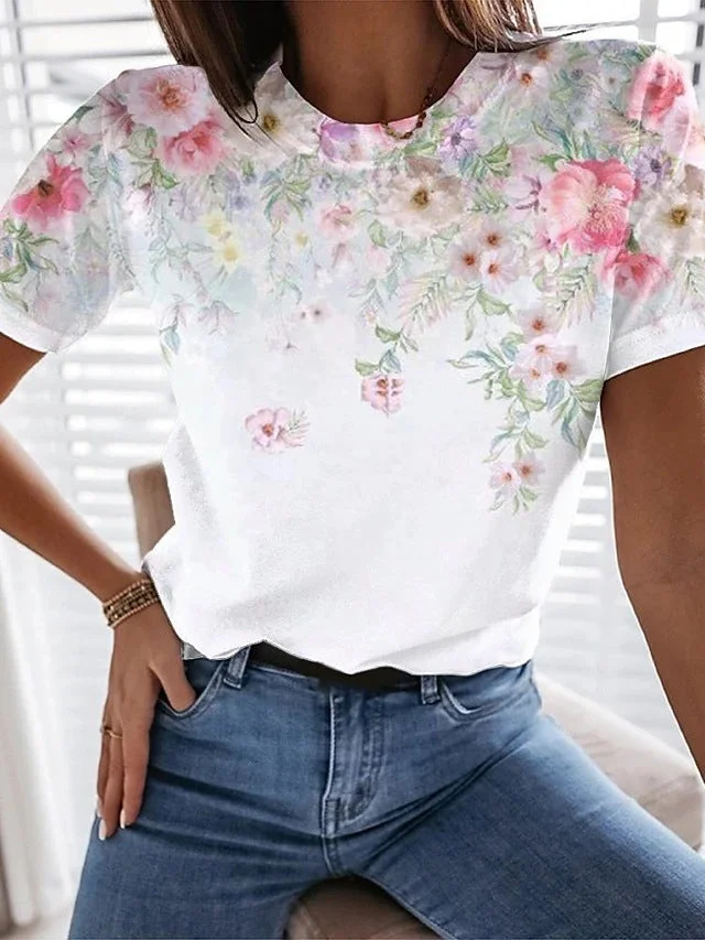 Floral Short Sleeve  Printed  Cotton-blend  Crew Neck Casual  Summer  White Top