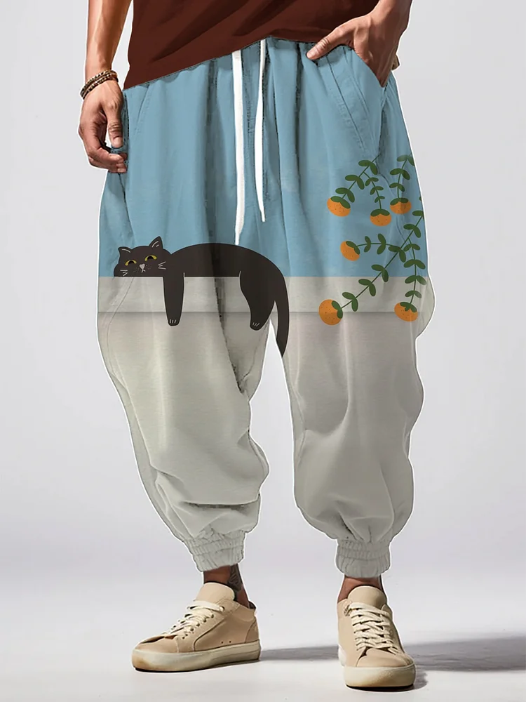 Men's Orange Tree Lazy Cat Art Print Loose Drawstring Waist Sweatpants