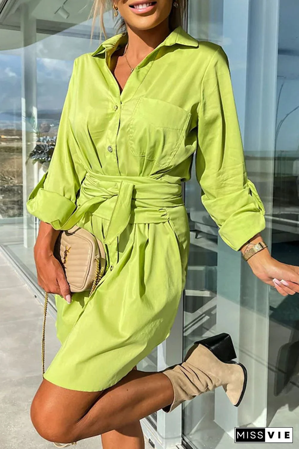 Casual Simplicity Solid Pocket Shirt Collar Shirt Dress Dresses
