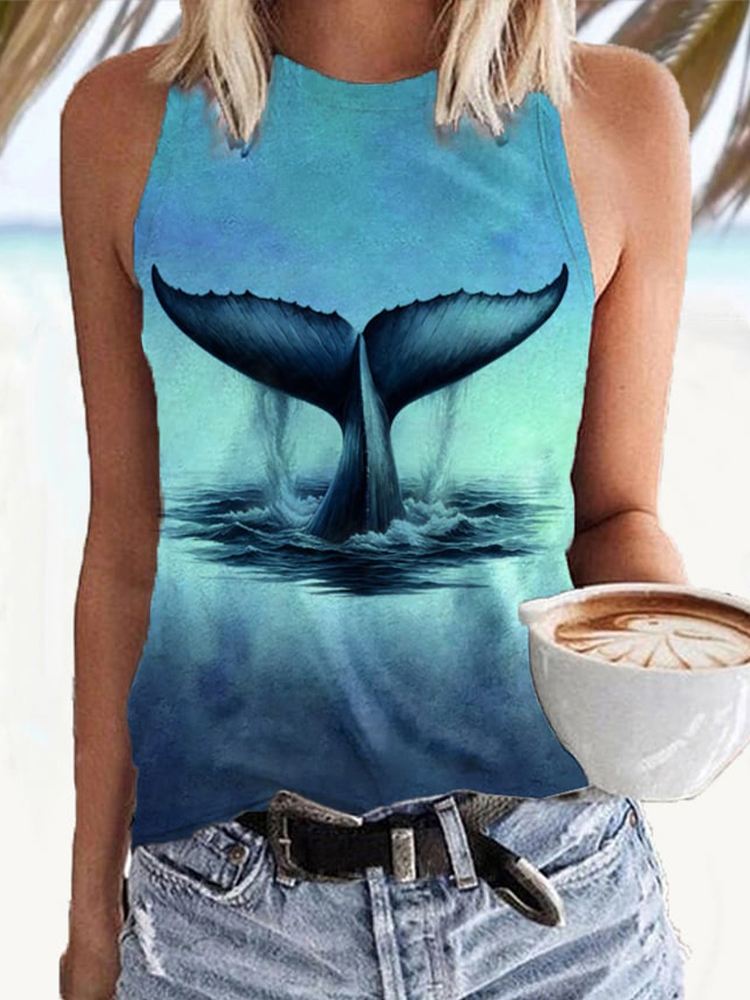 Comstylish Whale Print Sleeveless Casual Tank Top