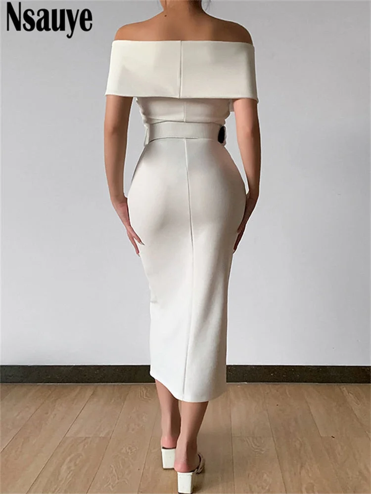 Nsauye Elegant Office Women Off Shoulder Split Sexy Black Bodycon Party Midi Dress 2022 Summer Evening White Dresses With Belt