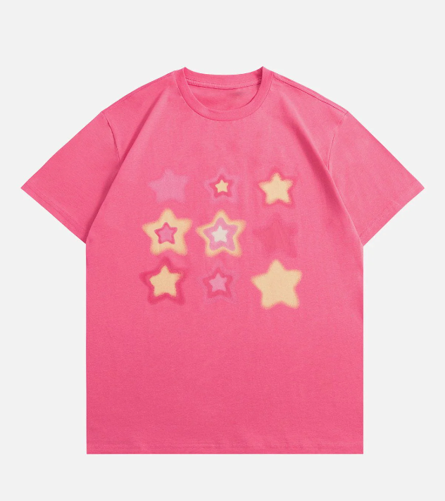 Pink Stars Short Sleeve Y2K Women'S Top Printed T-Shirt Woman