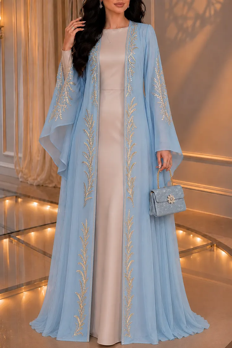 Beaded Embroidery Abaya Long Sleeve Maxi Dresses 2pcs Set-Blue 