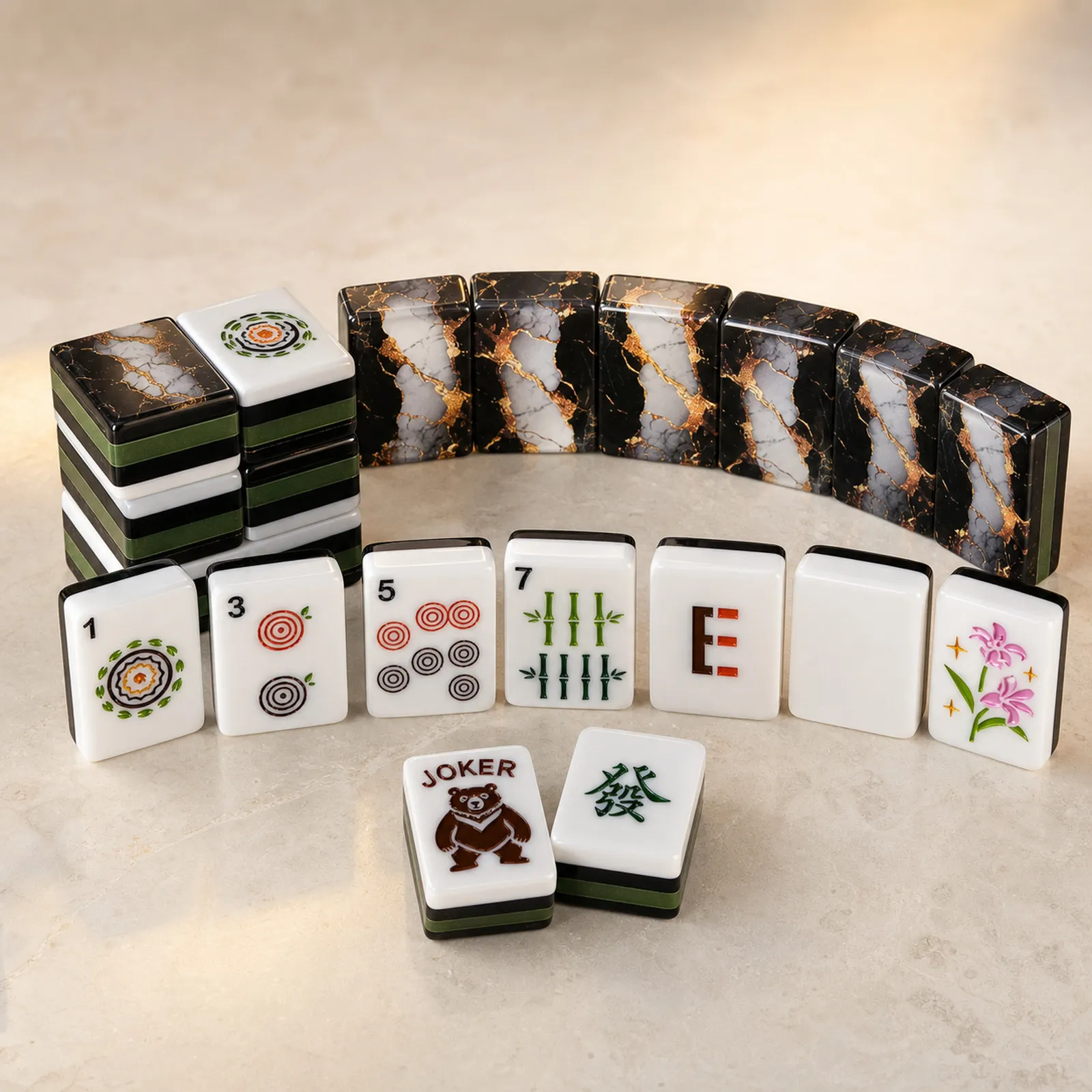 The High Roller Collection Black Gold Marble American Mahjong set.