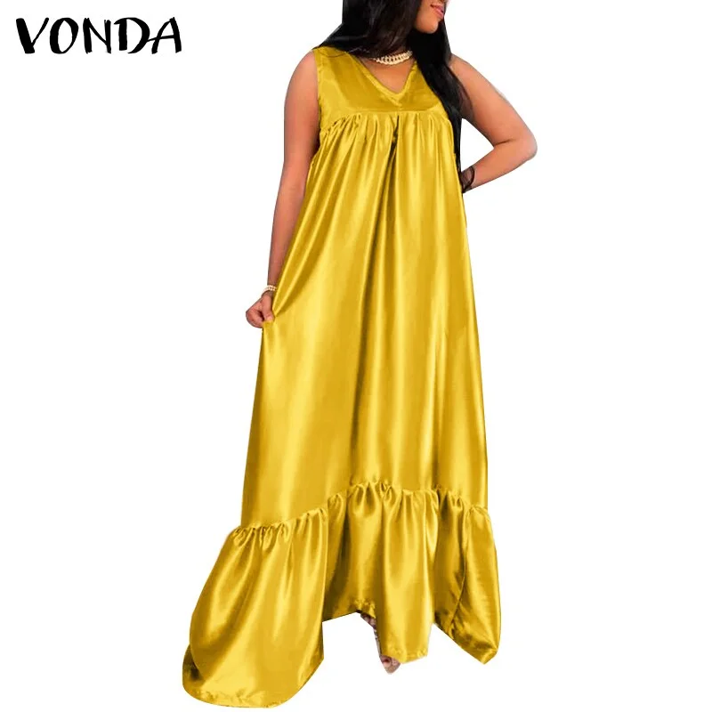 VONDA 2022 Summer Sleeveless V Neck Pleated Dress Women Holiday Party Tank Dresses Femme Bohemian Party Vestidos Oversized