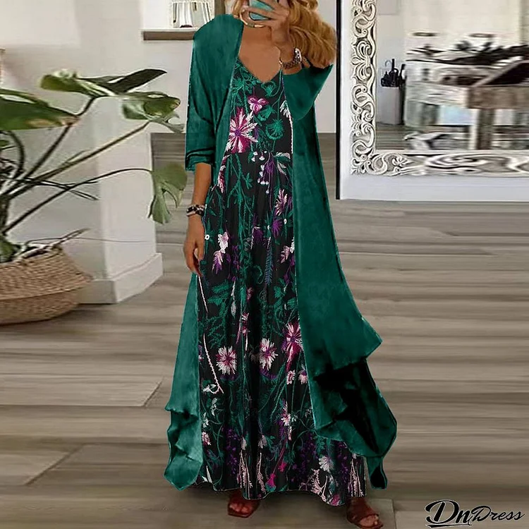 Gorgeous Floral Print Maxi Dress With Thin Jacket Two Piece Outfits